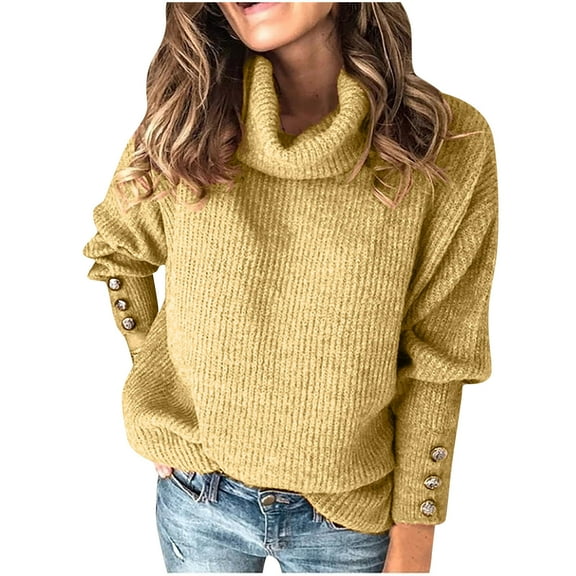 Women's Long-Sleeve Cowl Neck Sweaters Loose Casual Ribbed Knit Sweater Solid Color Jumper Tops