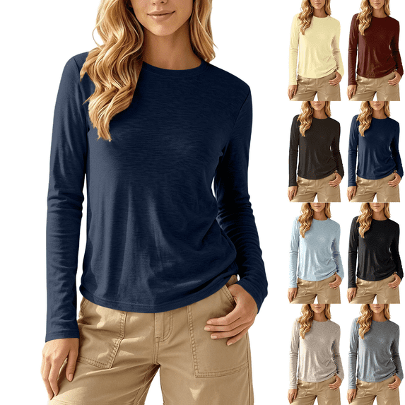 Women's Long Sleeve Crew Neck Basic Tees Solid Color Soft and Comfortable Casual Tops