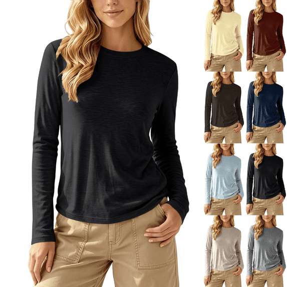 Women's Long Sleeve Crew Neck Basic Tees Solid Color Soft and Comfortable Casual Tops