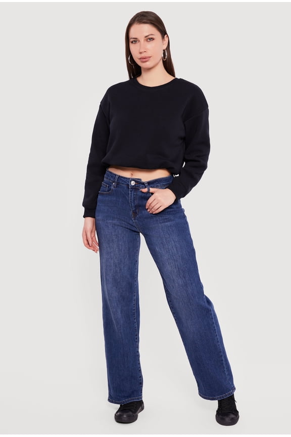 Women's Long Sleeve Crew Neck Bubble Hem Cropped Sweatshirt