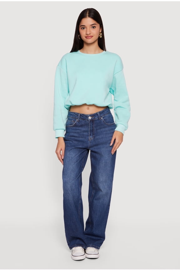 Women's Long Sleeve Crew Neck Bubble Hem Cropped Sweatshirt