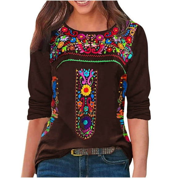 Women's Long Sleeve Crew Neck Floral Embroidered Blouse Mexican T-Shirts Casual Loose Tops Mexico Summer Shirt