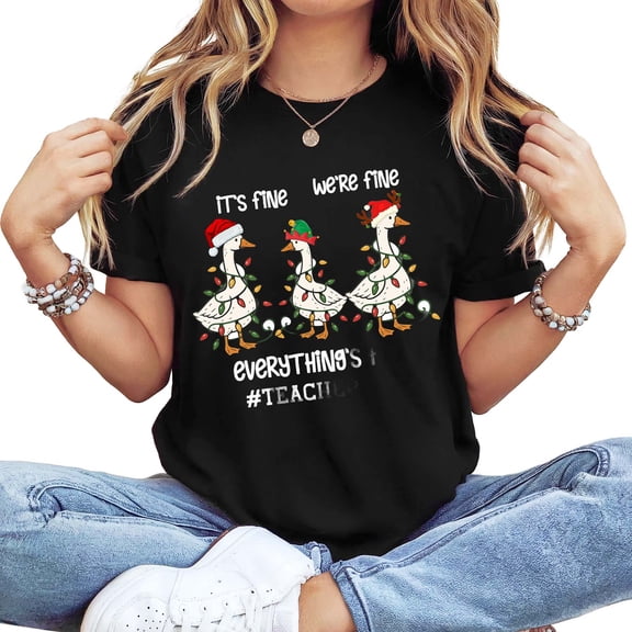 Women's Long Sleeve Crew Neck Graphic T-Shirt - Christmas Ducks Lights Casual Tee