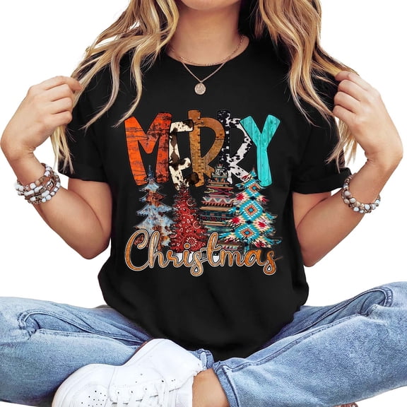 Women's Long Sleeve Crew Neck Graphic T-Shirt - "Merry Christmas" Western Trees Casual Top