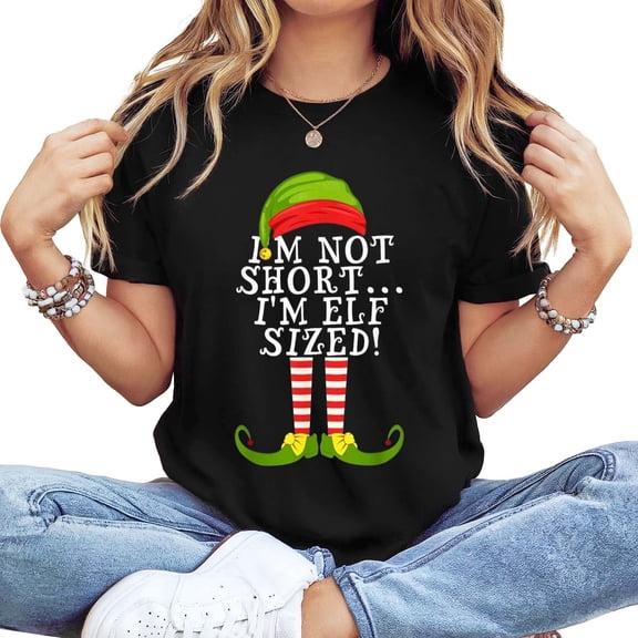 Women's Long Sleeve Crew Neck "I'm Elf Sized" Humorous Graphic T-Shirt - Festive Christmas Holiday Tee
