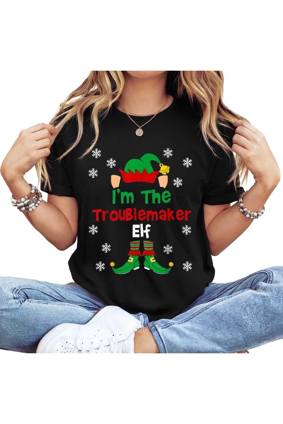 Women's Long Sleeve Crew Neck "I'm The Troublemaker Elf" Graphic T-Shirt - Festive Christmas Holiday Tee