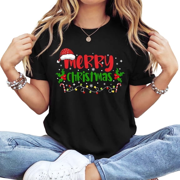 Women's Long Sleeve Crew Neck "Merry Christmas" Festive Graphic T-Shirt - Holiday Casual Basic Tee
