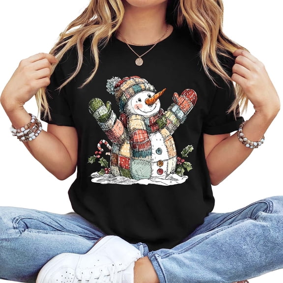 Women's Long Sleeve Crew Neck Patchwork Snowman Graphic T-Shirt - Festive Christmas Holiday Casual Tee