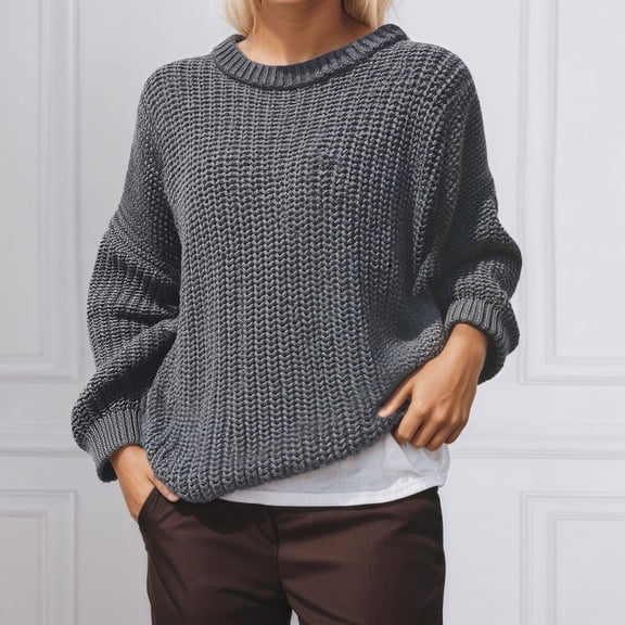 Women's Long Sleeve Crew Neck Pullover Sweater Loose Fit Grey Womens Sweater Soft Cozy Clothes for Women