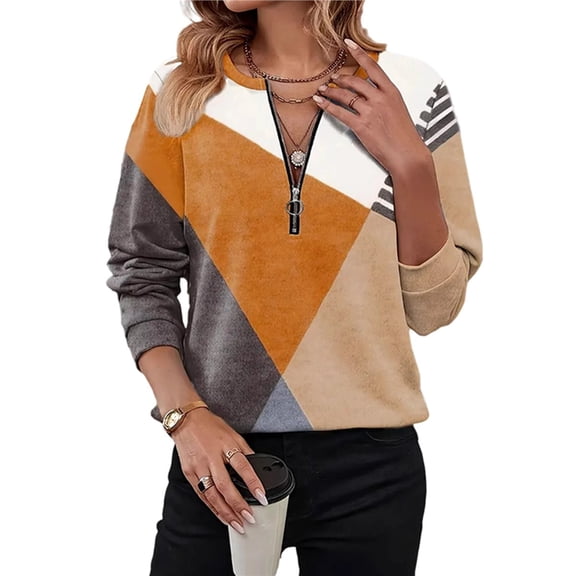 Women's Long Sleeve Crew Neck Shirt Casual Half Zip Colorblock Geometric Print Top Khaki XXXL