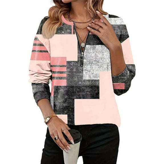 Women's Long Sleeve Crew Neck Shirt Casual Half Zip Colorblock Geometric Print Top Pink L