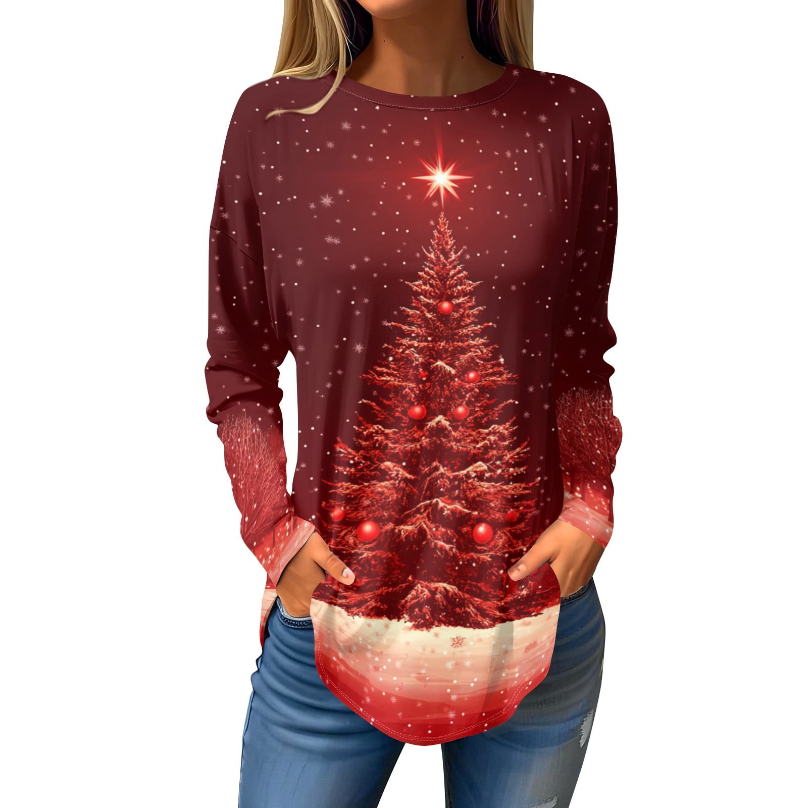 Women's Long Sleeve Crew Neck Shirts Xmas Tree Graphic Tshirts