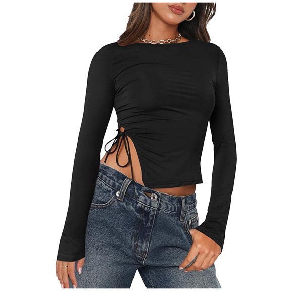 Women's Long Sleeve Crew Neck Slim Fit Casual T-Shirt Side Split Detail Comfortable Stretch Soft Fabric