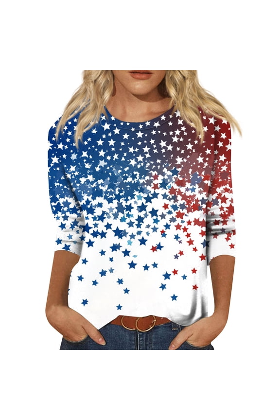 Women’s Long Sleeve Crew Neck Star Print Casual Pullover Top Gradient Pattern Lightweight Loose Fit Blouse for Everyday Wear Blue 2XL