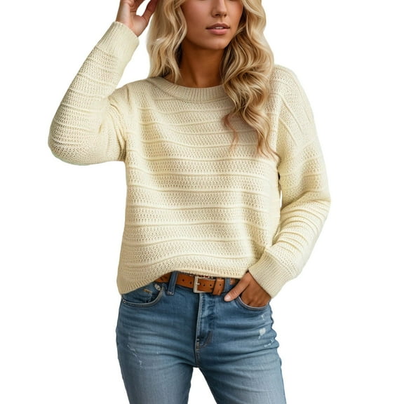 Womens Long Sleeve Crew Neck Sweaters Pullover Fitted Beige Sweater for Women Soft Winter Womens Clothes