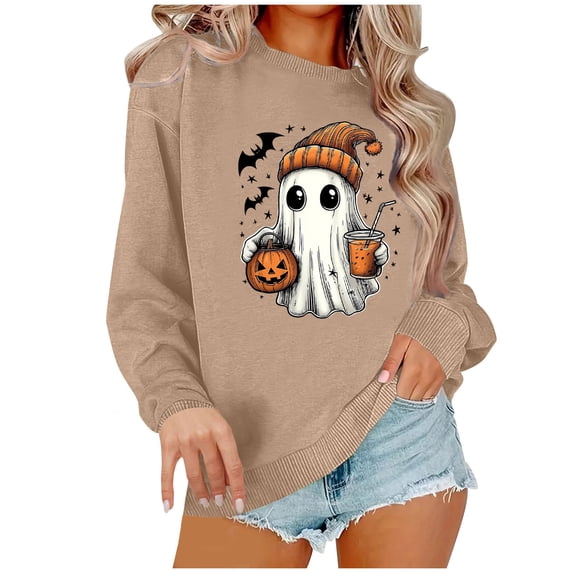 Women's Long Sleeve Crew Neck Sweatshirt Cute Ghost Graphic Japan Fabric Relaxed Fit Casual Pullover Halloween Fall Holiday Tops