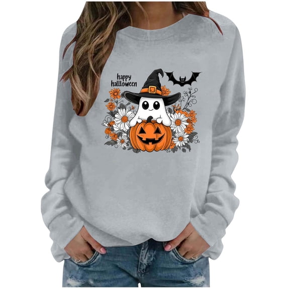 Women's Long Sleeve Crew Neck Sweatshirt Halloween Cute Ghost Pumpkin Graphic Relaxed Fit Casual Holiday Pullover Tops