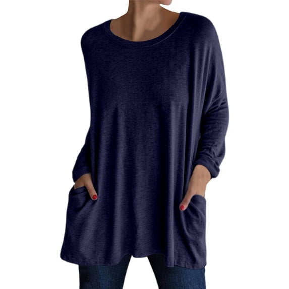 Women's Long Sleeve Crew Neck T-Shirt Soft Comfortable Casual Pocket Top Stylish Solid Color Tee