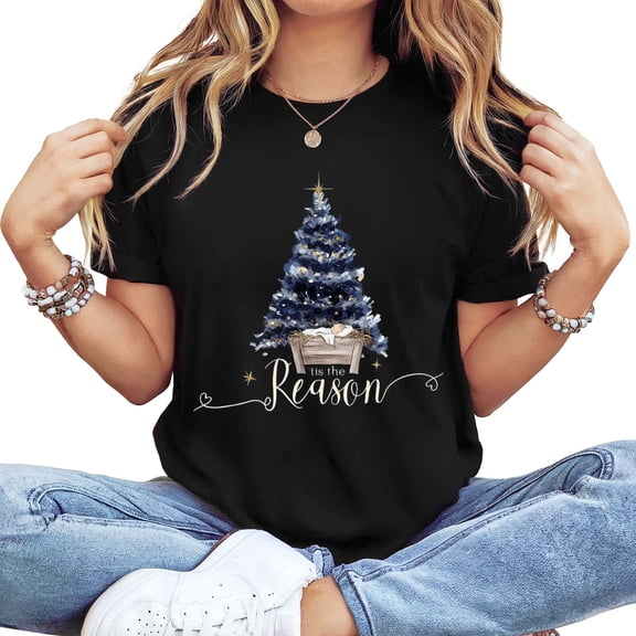 Women's Long Sleeve Crew Neck "Tis The Reason" Nativity Christmas Tree Graphic T-Shirt - Faith-Based Holiday Tee