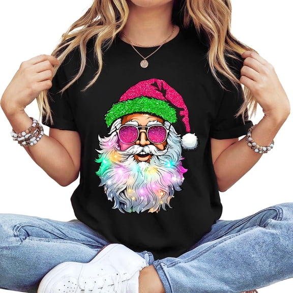 Women's Long Sleeve Crewneck Christmas Graphic T-Shirt - Colorful Light-Up Santa Design