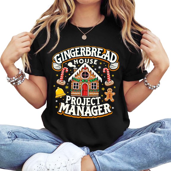 Women's Long Sleeve Crewneck Christmas Graphic T-Shirt - "Gingerbread House Project Manager" Festive Design