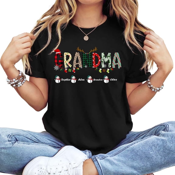 Women's Long Sleeve Crewneck Christmas Graphic T-Shirt - "Grandma" Reindeer Family Festive Holiday Top