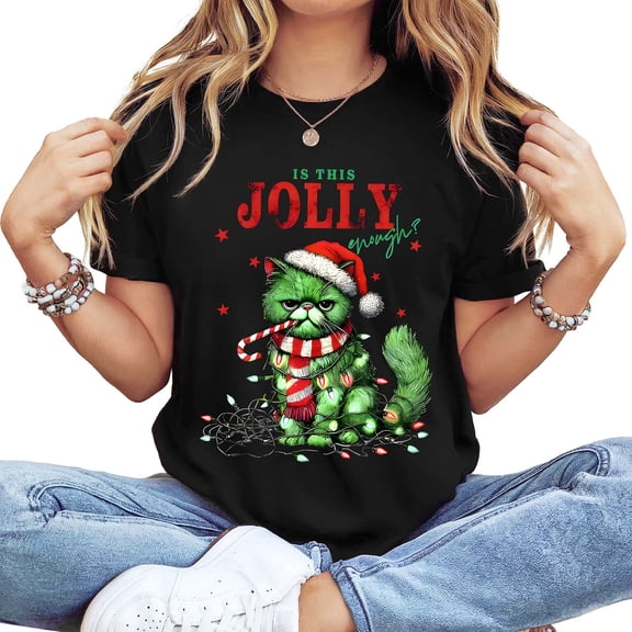 Women's Long Sleeve Crewneck Christmas Graphic T-Shirt - "Is This Jolly Enough?" Grumpy Green Cat Design