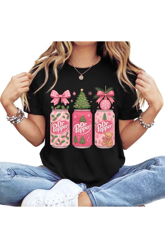 Women's Long Sleeve Crewneck Christmas Graphic T-Shirt - Pink Dr Pepper Holiday Festive Top