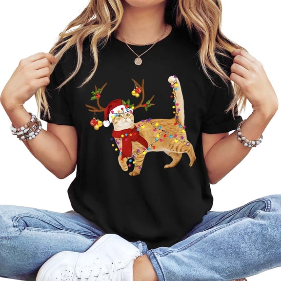 Women's Long Sleeve Crewneck Christmas Graphic T-Shirt - Reindeer Cat With Lights Festive Holiday Top