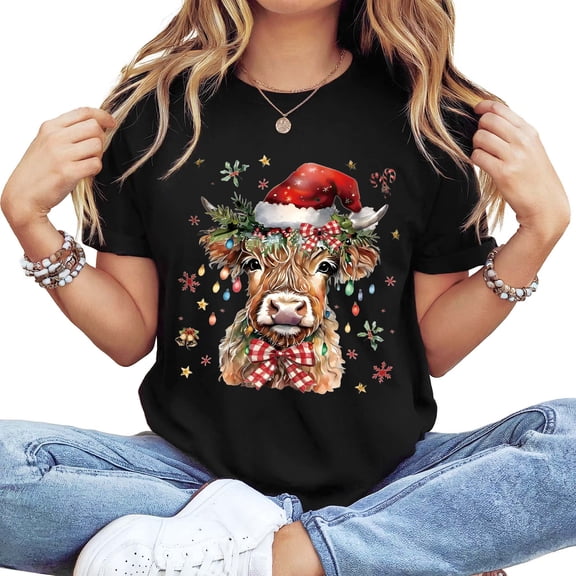 Women's Long Sleeve Crewneck Christmas Graphic T-Shirt - Santa Hat Highland Cow Festive Holiday Top