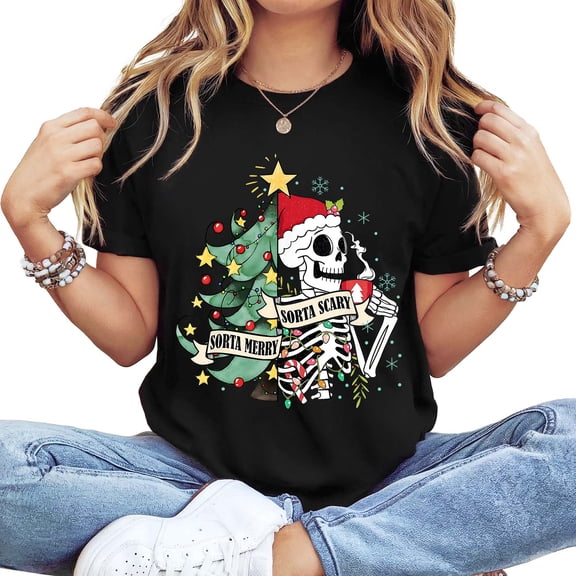 Women's Long Sleeve Crewneck Christmas Graphic T-Shirt - "Sorta Merry Sorta Scary" Santa Skeleton Design