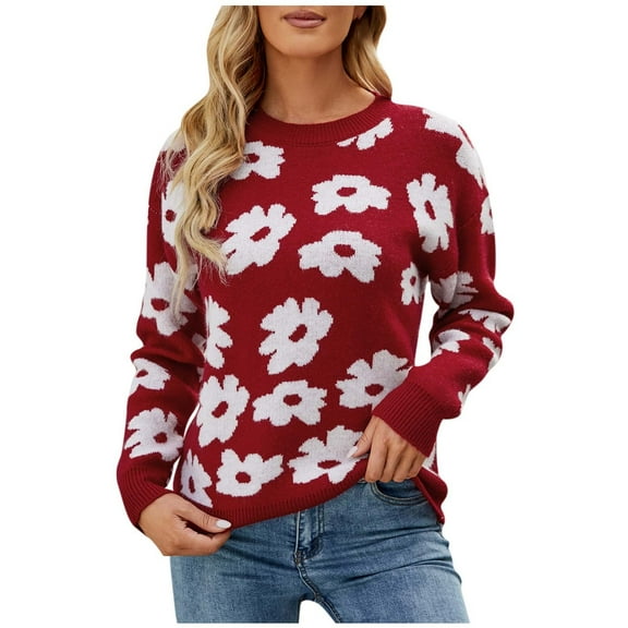 Women's Long Sleeve Crewneck Knit Sweater Printed Casual Loose Fit Fall Winter Pullover Jumper Sweaters Tops