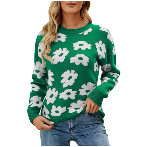 Women's Long Sleeve Crewneck Knit Sweater Printed Casual Loose Fit Fall Winter Pullover Jumper Sweaters Tops
