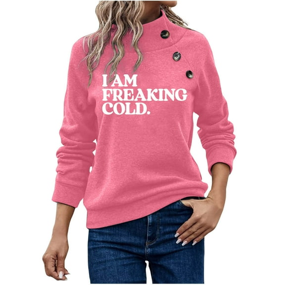 Women's Long Sleeve Crewneck Letter Printed Side Buttons Tunic Shirts Trendy Casual Pullover Sweatshirts Pink,M