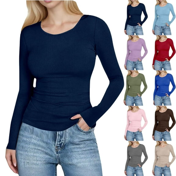 Women's Long Sleeve Crewneck Shirts Spring Ribbed Knit Sweater Slim Fitted Casual Basic Tee Tops Fashion Clothes Navy M