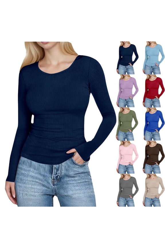 Women's Long Sleeve Crewneck Shirts Spring Ribbed Knit Sweater Slim Fitted Casual Basic Tee Tops Fashion Clothes Navy XL