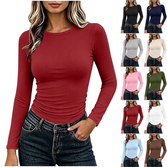 Women's Long Sleeve Crewneck Slim Fit Basic Tee Casual Solid Stretch T-Shirt Daily Wear Layering Top