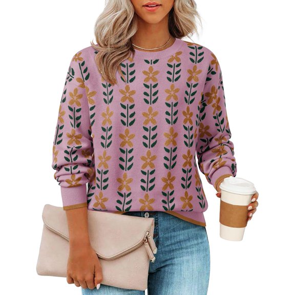 Women's Long Sleeve Crewneck Sweater 2026 Fall Printed Cute Oversized Knitted Pullover Tops Trendy Clothes