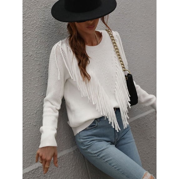 Women's Long-Sleeve Crewneck Sweater Hollow Cable Knit Pullover Sweaters