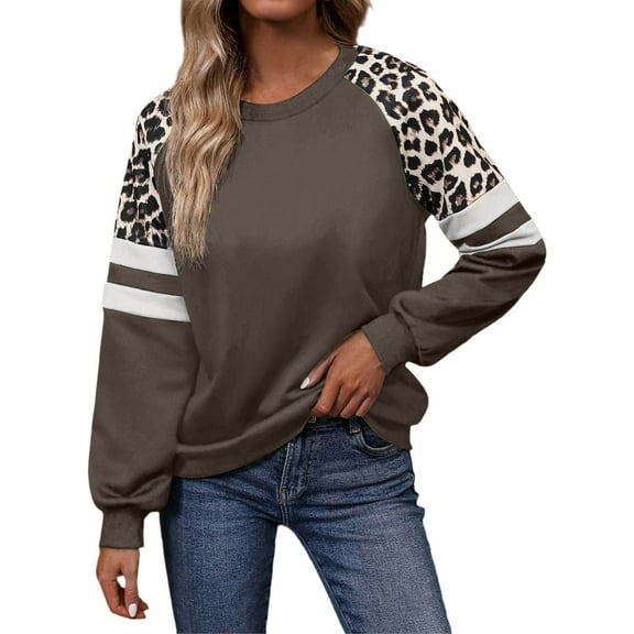 Women's Long Sleeve Crewneck Sweathsirts 2025 Fall Trendy Leopard Print Pullover Tops Color Block Casual Loose Fit Blouses Coffee M