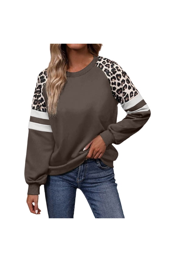 Women's Long Sleeve Crewneck Sweathsirts 2025 Fall Trendy Leopard Print Pullover Tops Color Block Casual Loose Fit Blouses Coffee S