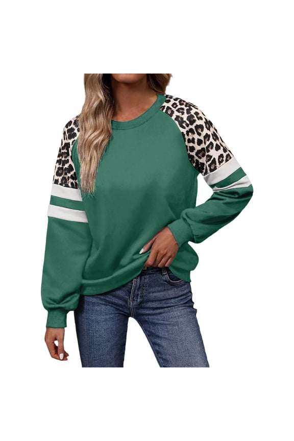 Women's Long Sleeve Crewneck Sweathsirts 2025 Fall Trendy Leopard Print Pullover Tops Color Block Casual Loose Fit Blouses Green XXL