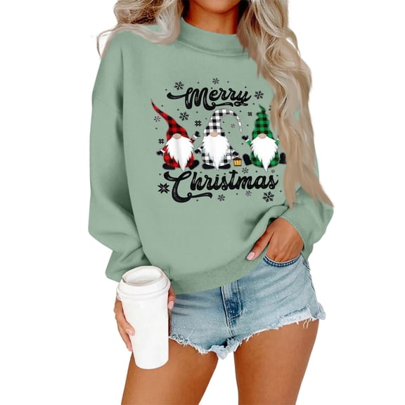 Women’s Long Sleeve Crewneck Sweatshirt Casual Loose Fit Pullover Top with Christmas Gnome Print for Holiday Season