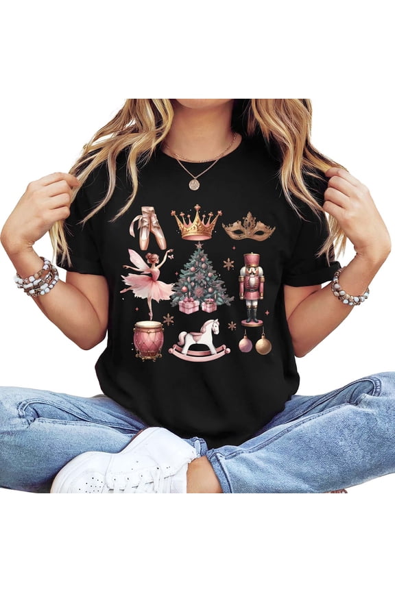 Women's Long Sleeve Crewneck T-Shirt - Pink Nutcracker & Ballerina Festive Christmas Graphic Tee