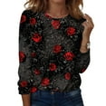 thumbnail image 1 of Women's Long Sleeve Crewneck Top, Purple Rose Floral Print Pullover, Casual Loose Fit Lightweight Blouse for Fall Winter Fashion Halloween Tops for Women, 1 of 5