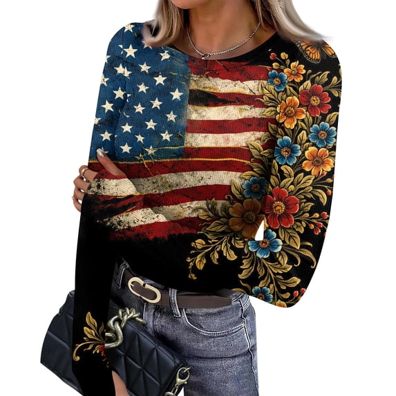 Women’s Long Sleeve Crewneck Top with Flag and Floral Print Casual Pullover Soft Lightweight Knit Sweater for Daily Wear Black 2XL