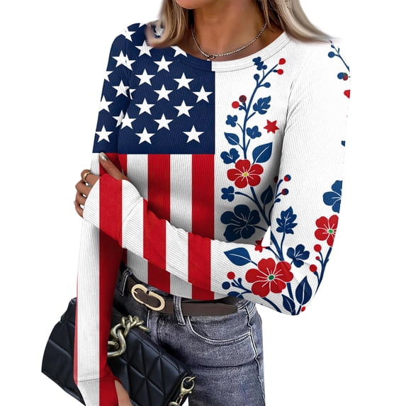 Women’s Long Sleeve Crewneck Top with Flag and Floral Print Casual Pullover Soft Lightweight Knit Sweater for Daily Wear Light Blue S