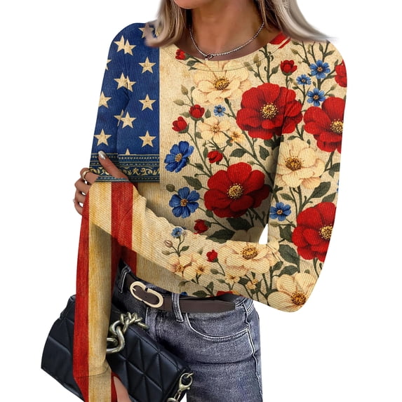 Women’s Long Sleeve Crewneck Top with Flag and Floral Print Casual Pullover Soft Lightweight Knit Sweater for Daily Wear Red S
