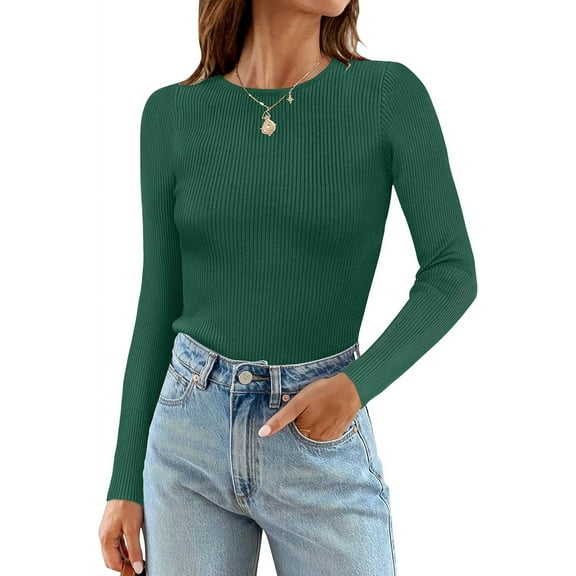 Women's Long Sleeve Crewneck Tops 2024 Spring Fall Clothes Ribbed Knit Sweater Slim Fitted Casual Basic Tee Shirts