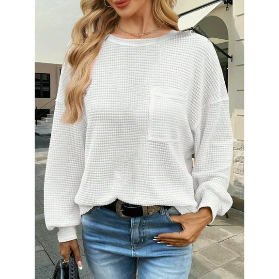 Women’s Long Sleeve Crewneck Waffle Knit Top, Business Casual Shirt, Basic Blouse